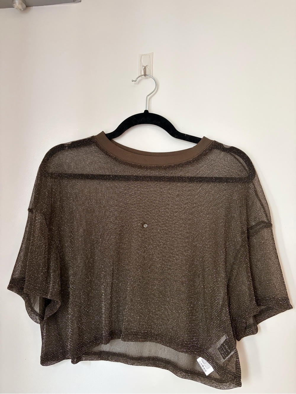 🛍️2/$10 Green - Brown Metallic Sheer Cropped Short Sleeve Top